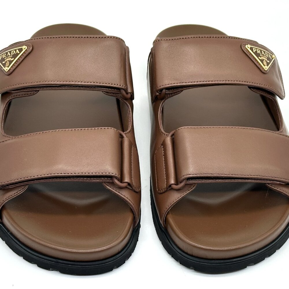 PRADA Triangle Logo Double Band Leather Flat Slide Dad Sandals Shoes Cacao - Picture 7 of 16